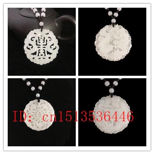Natural White Jade Dragon Phoenix Pendant Jadeite Necklace Charm Jewellery Fashion Accessories Hand-Carved Man Luck Amulet Gifts