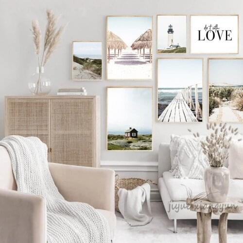 Summer Sea Landscape Posters Print Coastal Bridge Grass Nordic Canvas Art Painting Seascape Picture Living Room Wall Decor