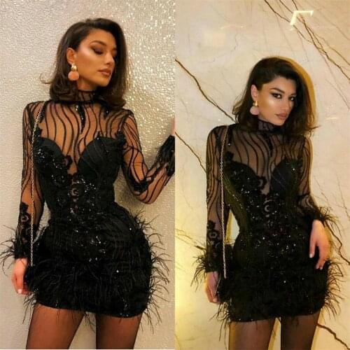 Sheer Neck Black Cocktail Dresses Long Sleeves Feather Sequined Mini Party Dress Short Prom Evening Gowns Club Wear