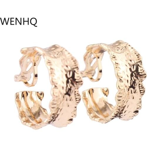 WENHQ European and American Style Clip on Earrings Fashion Geometric Waves Exaggerated Semicircular Metal C Shape Hoop Earrings