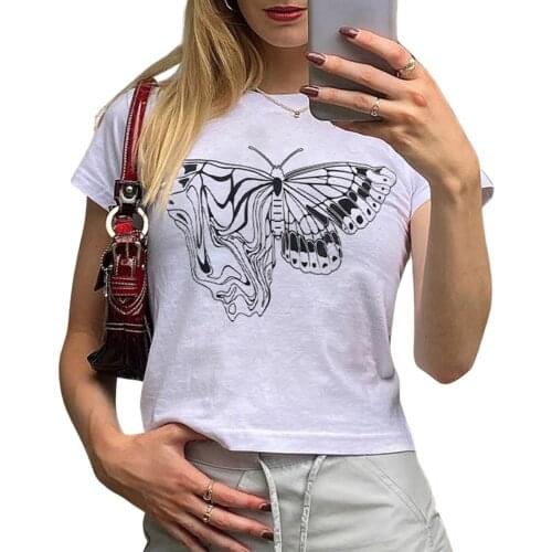 Women Summer Casual T-shirt Adults Butterfly Print Short Sleeve Round Neck Pullover