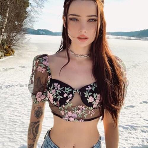 Women clothes Harajuku shirt summer Loose Tops Tees Crop Female Solid exposed puff short sleeve Slim All-match Mesh embroidered