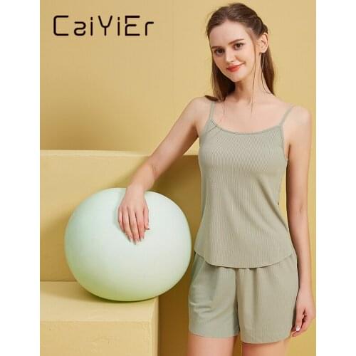CAIYIER Women Pajamas Set Simple Pure Color Sexy Sling Girl Sleepwear Sweet Soft Short Sleeve T Shirts & Shorts Summer Nighties