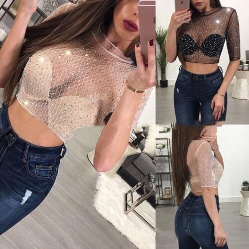 S-XL Transparent Hot Drill Crop Top Women Short Sleeve Mesh Sheer Camisole Crop Tops Female Shirt Tee Top Women