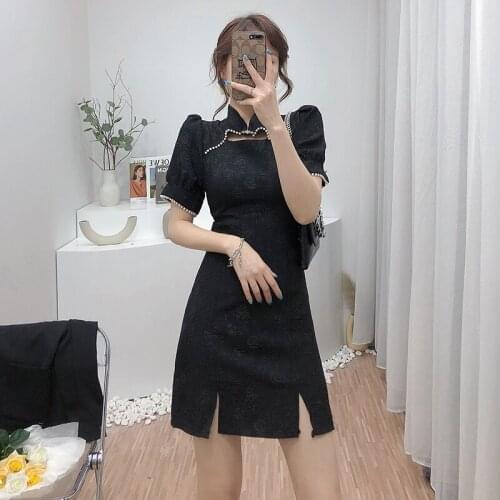 Retro Cheongsam Dress Women Summer 2021 Pearl Stand Collar Short Sleeve Collect Waist Hollow-out Split Dresses Vestido Feminino