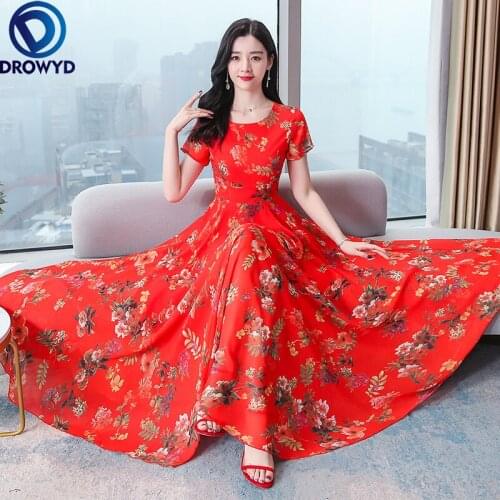 Dress for Women Long Summer 2021 Short-sleeved Dress Ladies Seaside Vacation Beach Dress Printed O-neck Chiffon Fashion Dresses