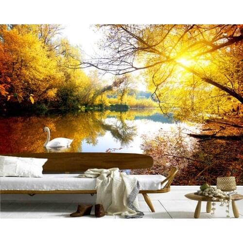 Swans in the autumn forest natural 3d wallpaper mural papel de parede,living room tv wall bedroom wall papers home deocr