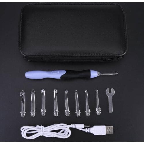 9-in-1 USB LED Light Up Purple Crochet Hooks Knitting Needles Set Weave Tool Kit C66