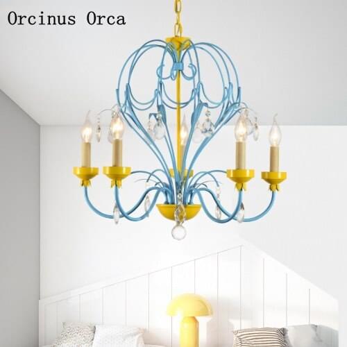 American Creative colorful crystal chandelier Girl Bedroom childrens room lamp Mediterranean cartoon blue LED Candle Chandelier