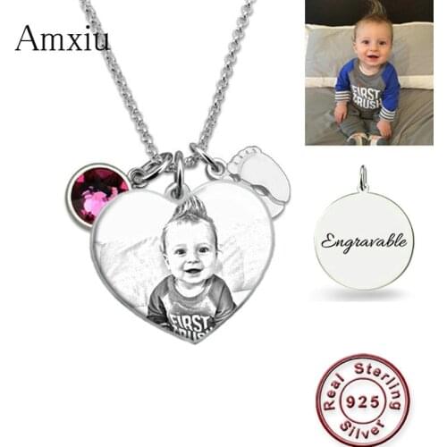 Amxiu Custom Baby Photo Necklace 925 Sterling Silver Necklace Engrave Name with Birthstone Heart Pendant Necklace For Mom Gift