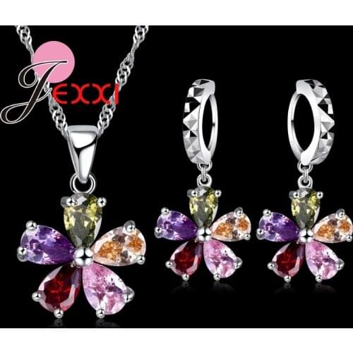 Flowers Shinning Colorful CZ Crystal Pendant Jewelry Sets Gift 925 Sterling Silver Necklace Dangle Hoop Earring Sets