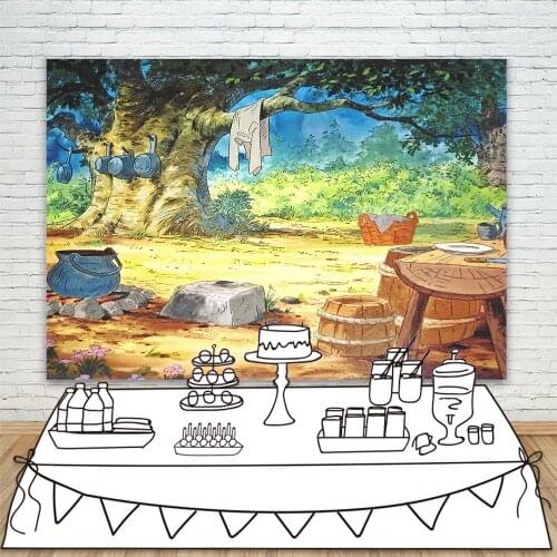 Cartoon Forest Photography Backdrop Big Tree Laundry Basket Photo Background for Newborn Baby Photoshoot Birthday Party Supplies