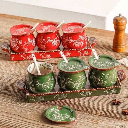 Sakura Ceramic Hand Painted Seasoning Jars Set With Spoon Tray Kitchen Salt Sugar Storage Bottle Herb Spice Tools