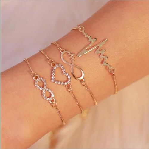 2019 Fashion Jewelry bracelets set 4pcs/set Heart 8 crystal Zircon Cardiogram metal chain gold color plated