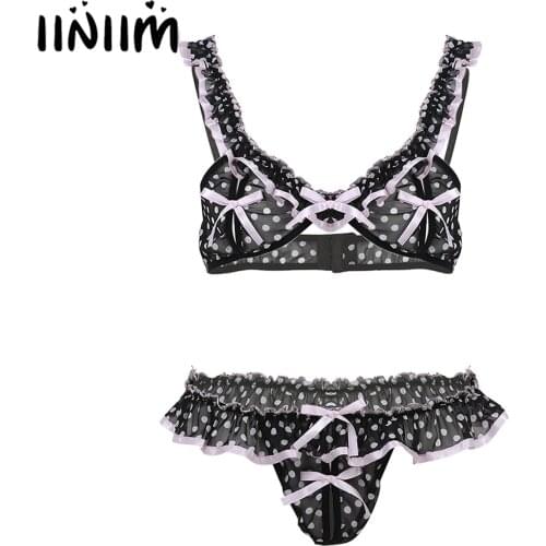 Mens Chiffon Printed Spots Sissy Lingerie Set Frilly Ruffled Nipple Splits Bikini Bra Top with Open Butt Elastic T-Back Briefs
