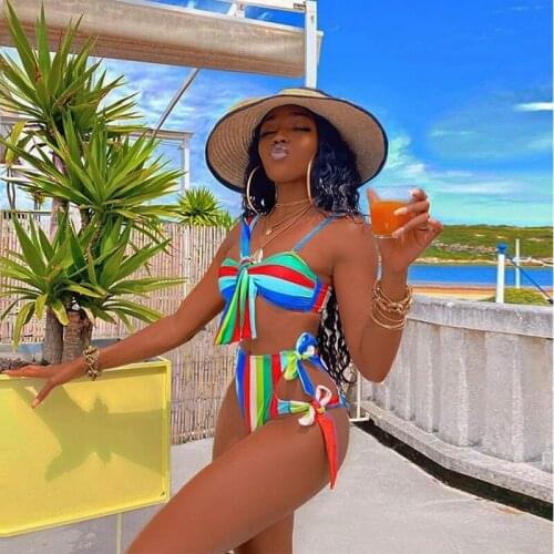 Summer Women Sexy Stripe Bikini Sets Colorful Bowknot Tie Up Bra Tops Cut Out Swim Panty Swimsuit Sets