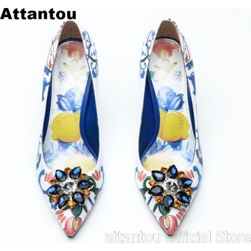 Fashion flower painted thin high heel pump Women blue rhinestone decor heeled party dress shoe pointed toe slip-on stilettos