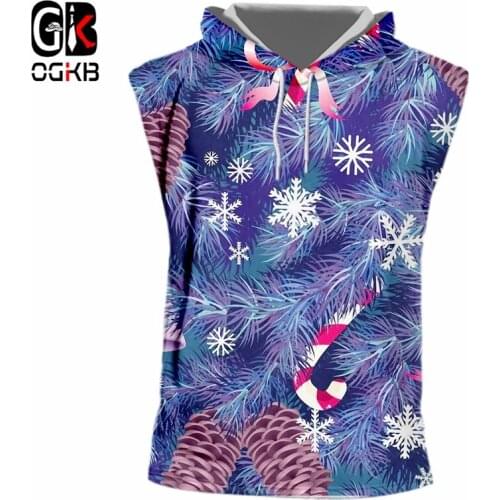 OGKB Mens New 3D Printed Santa Claus And Snowflake Hooded Tank Top Personality Large Size Christmas Man Smart Casual