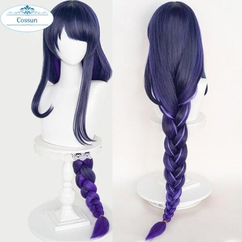 Game Genshin Impact Raiden Shogun Cosplay Wig Baal Wig Long Mixed Color Braids Heat Resistant Synthetic Hair Anime Wigs + WigCap