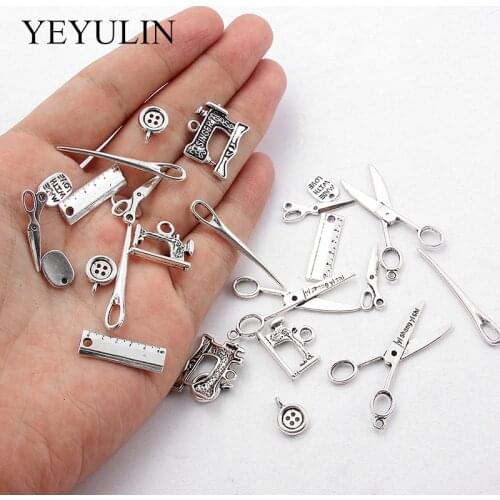 24 Pcs Mixed Antique Silver color Alloy Charms Tools Sewing Pendants DIY Jewelry Making Jewellry Accessories Necklace Ornament