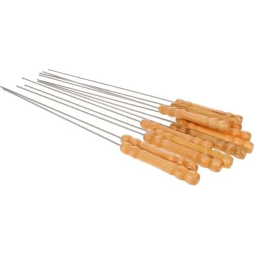 Durable 10pcs/12pcs Per Box Barbecue Needle Stainless Steel BBQ Barbecue Stick Round Wood Handle Outdoor Picnic Household 1Box