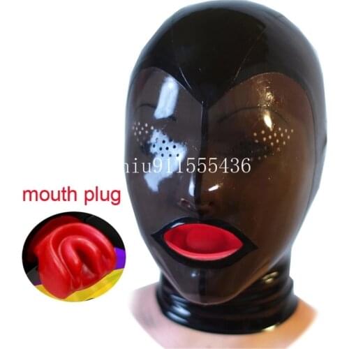 Sexy Exotic Accessaries latex Hoods with mouth plug rubber mask for ault back zip(with eyes little hole)