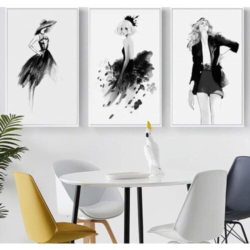 Modern Abstract Black White Fashion Girl Wall Art Canvas Painting Posters and Prints Wall Pictures for Living Room salon Decor