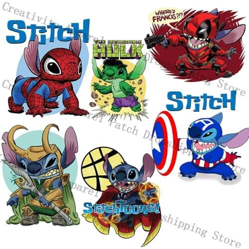 Stitch & Marvel Uper Hero Spiderman Iron Man Patch Stickers Iron-on Transfers for Clothing Heat Transfer DIY Patches Stickers