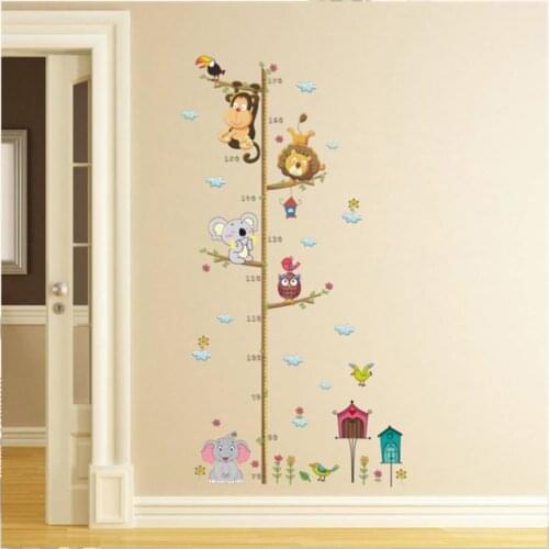 Children Height Growth Chart Cartoon Animals Lion Monkey Owl Elephant Height Meter Wall Sticker Nursery Ruler Development Measure