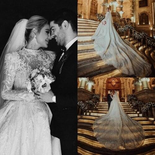 2020 Spring Vintage Wedding Dresses Long Sleeves Lace Sequined Chapel Train Bridal Gowns with Appliques robes de mariée