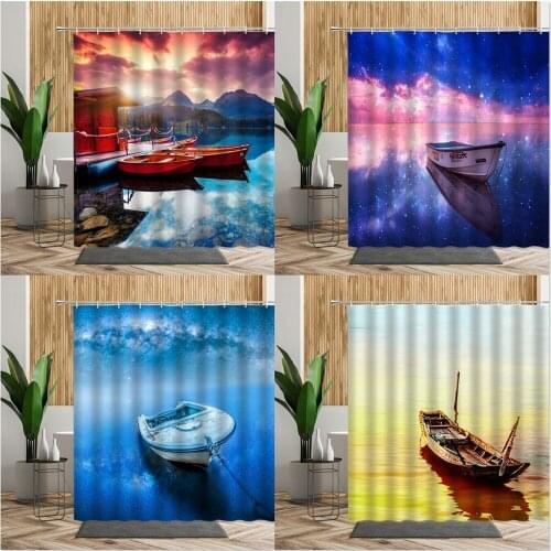 Natural Scenery Shower Curtain Forest Wood House Lake Boat Sunset Bath Screen Living Room Wall Cloth Bathroom Curtain Home Decor