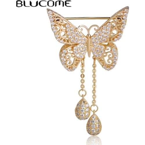Blucome Cubic Zircon Double Butterfly Women Brooches Luxurious Tassel Pendant Animal Copper Brooch Wedding Party Decoration Pins