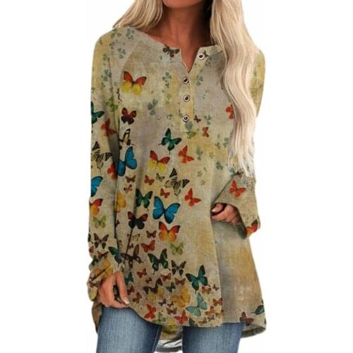 Autumn Women Shirt Casual Tops Hand Painting T Shirt V Neck Long Sleeve Loose Long T-shirt Elegant Shirt Women Plus Size