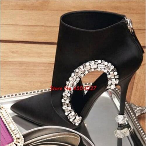 New Black Pointed Toe Women Ankle Boots Hollow Out Rhinestone Summer Boots High Heels Short Booties