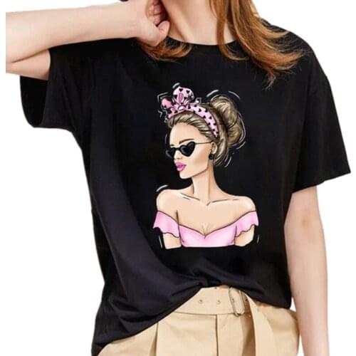 Women Summer High Heels Print Black T-shirts Womens Beautiful Girl Sunflower Graphic Tee Shirt Short Sleeve Tshirt