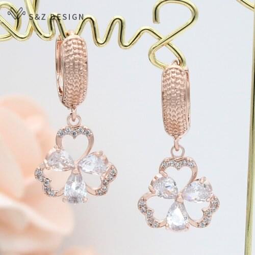 S&Z DESIGN New Fashion Elegant Cute Flower Cubic Zirconia Dangle Earrings For Women Girl Wedding Party Lovely Fine Jewelry
