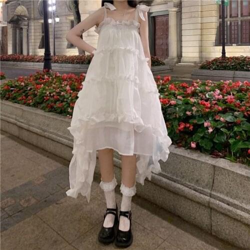 Lady Sweet Lolita Ruffles Oversize Sleeveless Dresses Women White Lace-up Bow Strap Loose Prince Ball Gown Dress 2021 Summer