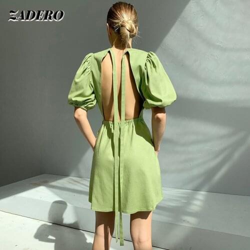 Dresses Women 2021 French Lantern Sleeve Cotton Linen Ruffle Fashion Halter Lace Up Split Mini Dress Elegant Backless Bandage