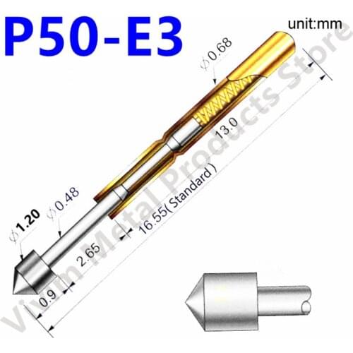 100PCS Spring Test Probe P50-E3 Metal Test Probe Copper Nickel Plated Electronic Spring Test Gyro Test Probe Head Dia 1.20mm