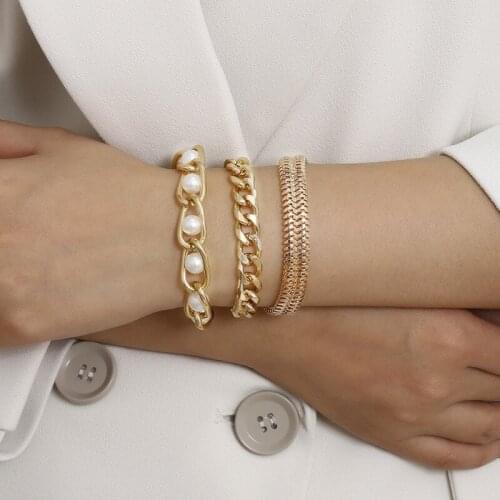 3 Pcs/set Vintage Thick Chain Metal Bracelets Set Fashion Imitation Pearl Hip-hop Trendy Bracelets for Women Jewelry Gifts