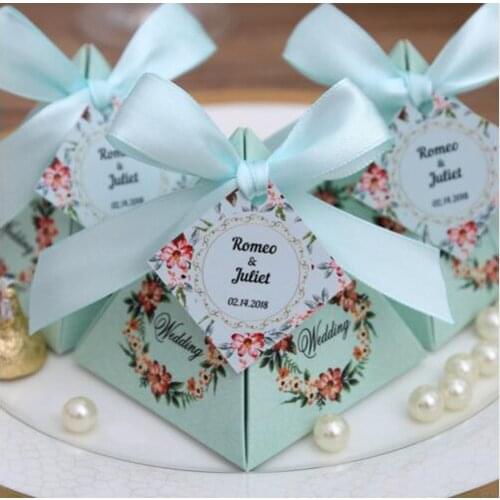 50 pcs Free Shipping Pink/ Purple/ Tiffany Blue Floral Pyramid Wedding Favor Candy Boxes Bridal Shower Party Paper Gift Box