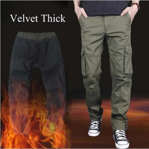 New Winter Multi Pockets Mens Pants Thick Fleece Military Tactical Cargo Pants Cotton Men Outwear Straight Casual Trousers