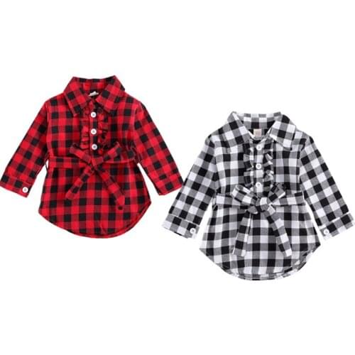 FOCUSNORM 0-5Y Kid Girl Dress 2 Colors Plaid Print Long Sleeve Round Lapel Collar A-Line Dress Waistband Buttons Princess Tops