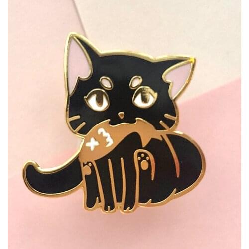 Cartoon Hungry Black Cat Enamel Brooch Pin Backpack Hat Bag Lapel Pins Badges Women Mens Fashion Jewelry Accessories