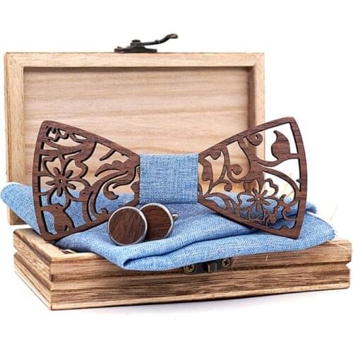Black Walnut Flower Hollowed Bow Tie Men Wedding Party Business Wood Bow Tie Set Handkerchief Cufflinks