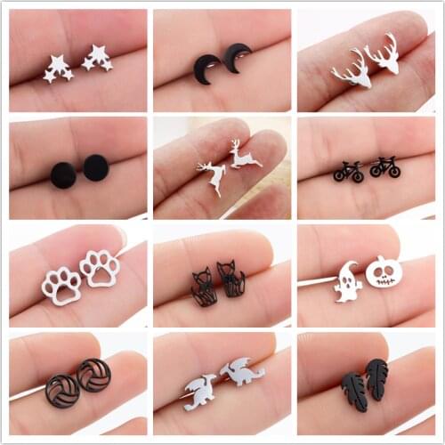 Geometric Small Earings Stainless Steel Ghost Pumpkin Leaf Snowflake Deer Stud Earrings for Women Kids Christmas Jewelry Gift