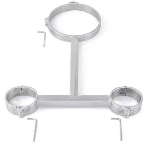 Stainless Steel Cangue Sex Furnitures Lockable Neck Collar Handcuffs Slave BDSM Tool Bondage Adult Erotic Toys For Woman Man