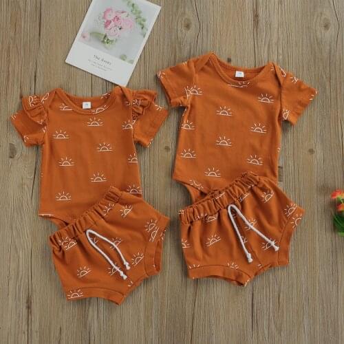 0-24M Newborn Baby Fashion 2-piece Outfit Set Sun Print Romper+Shorts Set for Kids Boys Girls