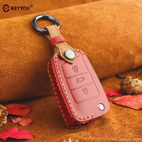 KEYYOU Leather Key Case Cover Portect For Volkswagen VW Golf 7 GTI R MK7 Tiguan For Skoda Octavia A7 Karoq For Seat Leon Ibiza