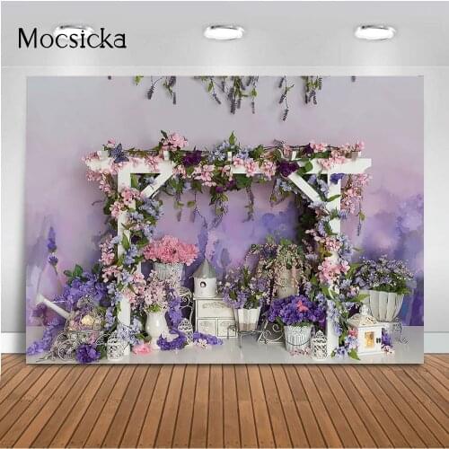 Lavender Floral Backdrop for Photography Garden Flowers FLEA Photo Background Watering Can Newborn Baby Portrait Back Drop Props